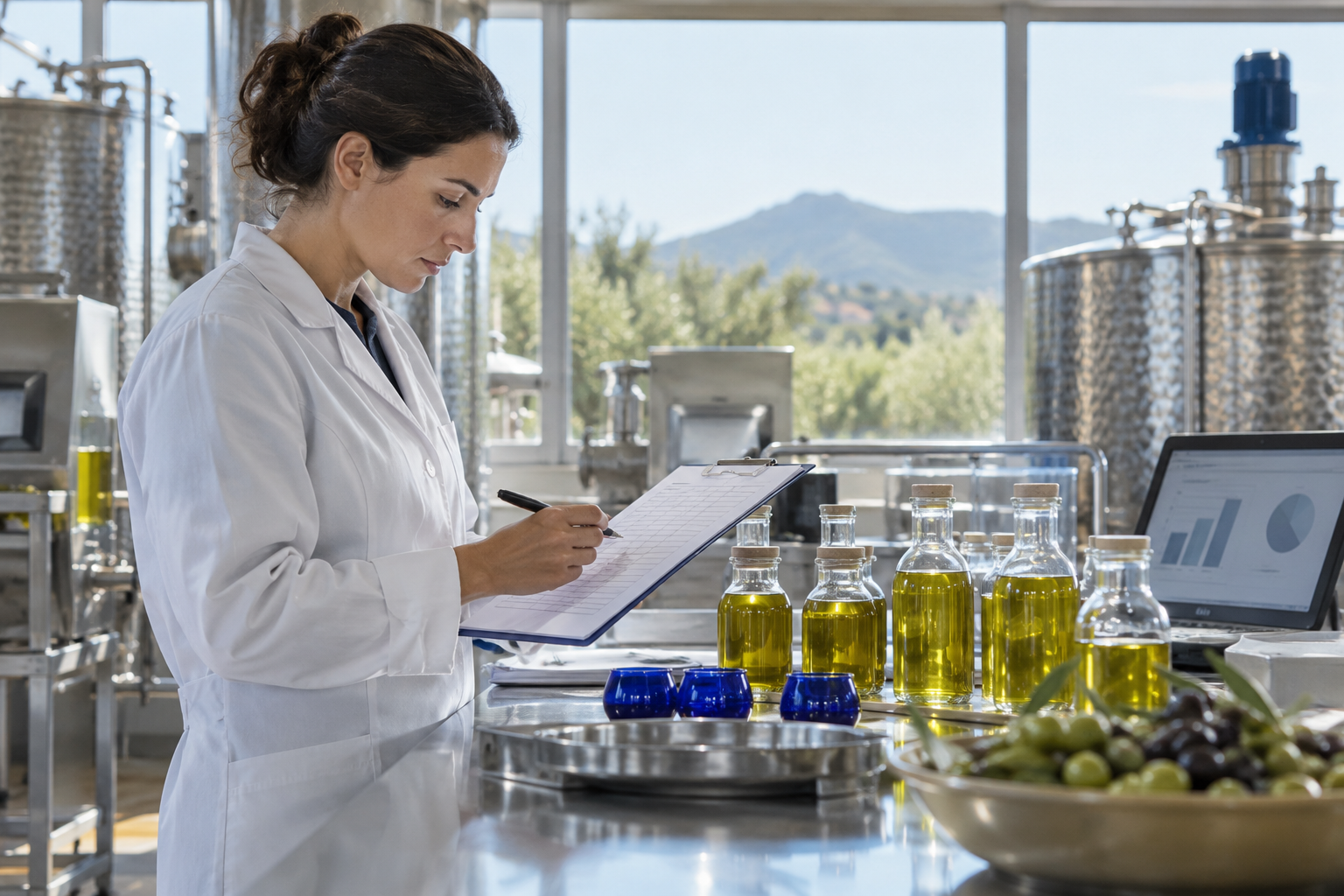 Escena ilustrativa de revisión de datos de producción en una bodega