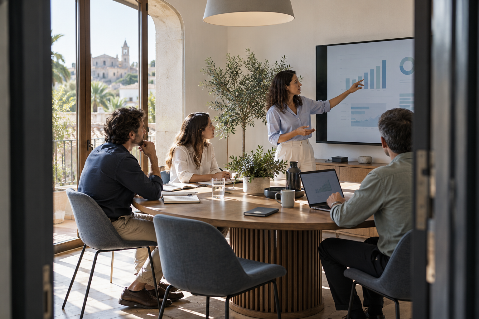 Escena ilustrativa de un equipo revisando un panel de datos